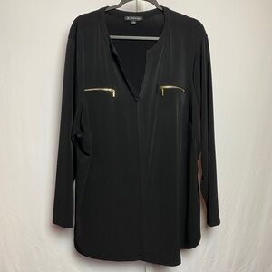 INC Womenʻs Plus Size Black Long Sleeve Split Neck w/ Gold Details Blouse 4X